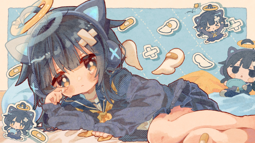 1girl absurdres ahoge animal_ear_headphones animal_ears bandaid bandaid_on_knee bandaid_on_leg bandaid_on_wing blush_stickers commission crying fake_animal_ears halo headphones highres kamizakana_iriko looking_at_viewer original sad skeb_commission solo tears wings