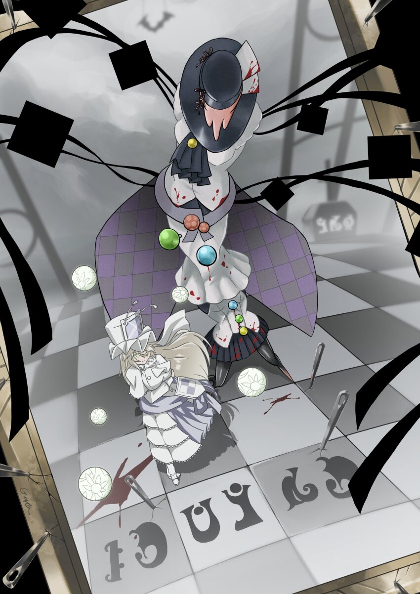 1girl absurdres checkered_floor dress guyca_braves highres latria_(madoka_magica) long_hair looking_at_viewer magical_girl mahou_shoujo_madoka_magica mahou_shoujo_oriko_magica mikuni_oriko miniskirt skirt solo white_dress white_hair witch&#039;s_labyrinth witch_(madoka_magica)