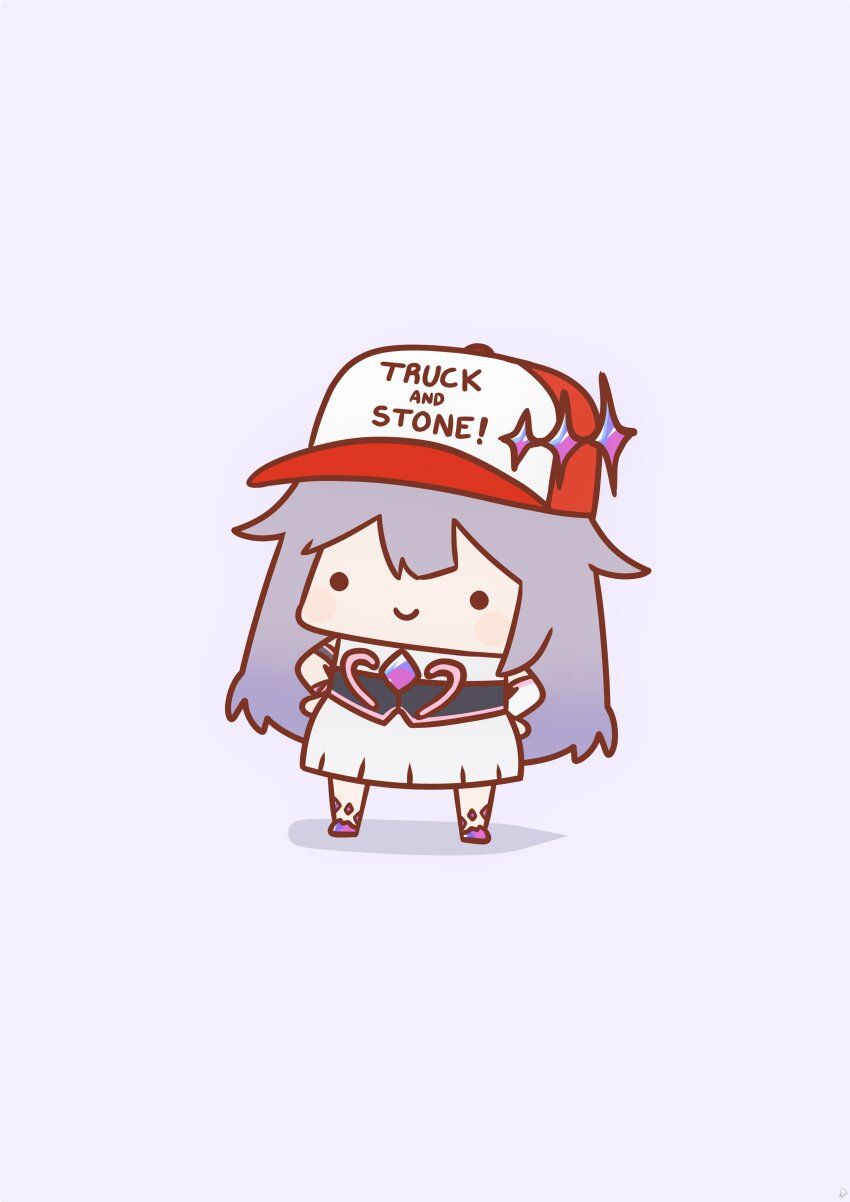 ._. 1girl absurdres barefoot baseball_cap c: chibi commentary crown crystal deep_rock_galactic dress english_text gem grey_hair hands_on_own_hips hat highres hololive hololive_english jewelry koseki_bijou koseki_bijou_(1st_costume) long_hair looking_at_viewer multicolored_clothes multicolored_hair multicolored_headwear phdpigeon purple_background purple_eyes red_hat simple_background smile standing straight-on trucker two-tone_hat virtual_youtuber white_dress white_hat