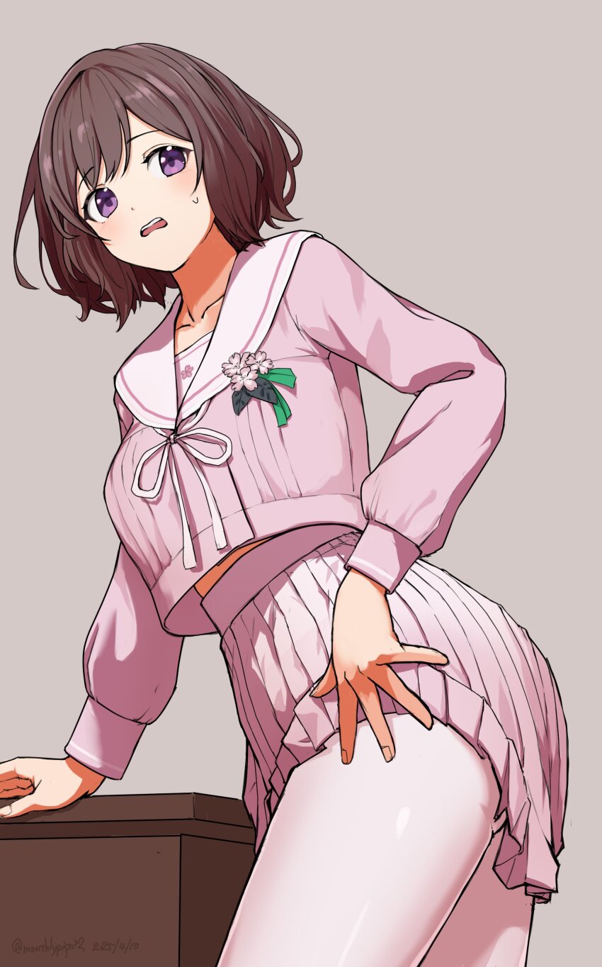 1girl absurdres brown_hair commentary_request gakuen_idolmaster highres idolmaster long_sleeves midriff_peek miniskirt neo_asari open_mouth pantyhose pink_shirt pink_skirt pleated_skirt purple_eyes sailor_collar shirt short_hair simple_background skirt solo sweat umibudou white_pantyhose white_sailor_collar