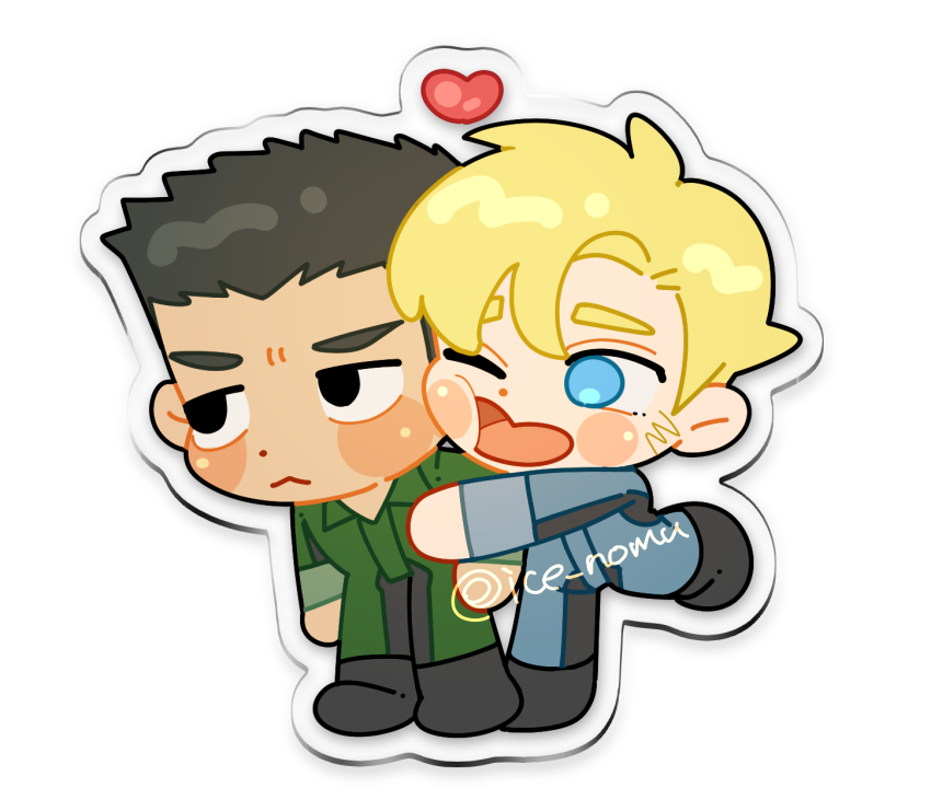 2boys ao_isami black_hair blonde_hair blush_stickers cheek-to-cheek cheek_press chibi couple facial_hair heads_together heart heart-shaped_mouth highres ice_nomu jitome lewis_smith looking_ahead male_focus medium_sideburns multiple_boys sideburns_stubble stubble thick_eyebrows yaoi yuuki_bakuhatsu_bang_bravern