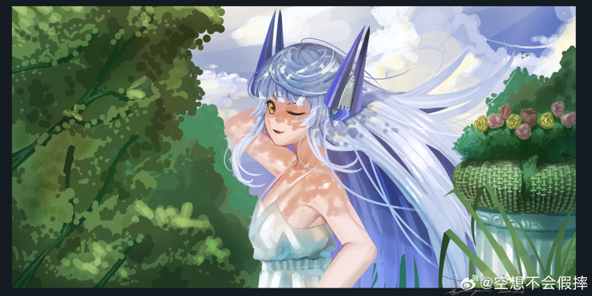 1girl absurdres blue_hair breasts cloud day dress flower headgear highres le_fantasque_(warship_girls_r) le_fantasque_buhuijiashuai long_hair one_eye_closed outdoors rose sky smile solo tree warship_girls_r white_dress yellow_eyes
