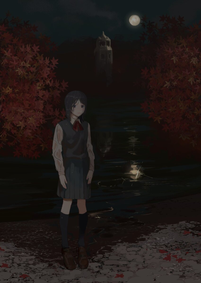 1girl akagawa_jirou_mystery:_tsuki_no_hikari autumn_leaves black_eyes black_hair black_skirt black_socks black_sweater_vest brown_socks closed_mouth collared_shirt commentary_request expressionless full_moon gravel hide_tani highres kneehighs lake leaf loafers looking_at_viewer maple_leaf medium_hair moon nakazawa_sayaka neck_ribbon night outdoors pleated_skirt red_ribbon reflection reflective_water ribbon shirt shoes shore skirt socks solo standing sweater_vest tower wet wet_clothes wet_hair wide_shot