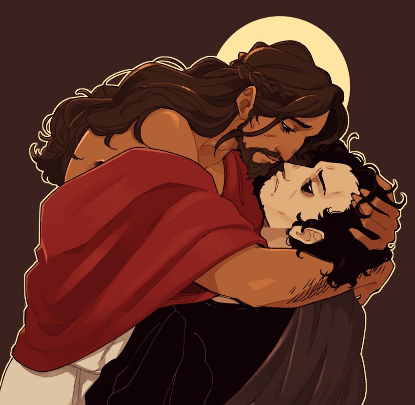 2boys arm_hair beard black_hair black_robe brown_hair captainharlock christian_mythology christianity dark-skinned_male dark_skin facial_hair hug imminent_kiss jesus judas long_hair male_focus multiple_boys robe short_hair simple_background the_bible white_robe yaoi