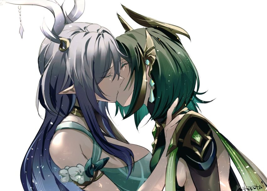 2girls antlers blue_hair breasts closed_eyes commentary english_commentary facing_another genshin_impact green_hair horns kiss large_breasts lauma_(genshin_impact) makaretaiyo multiple_girls nefer_(genshin_impact) pointy_ears sideboob signature simple_background upper_body white_background yuri