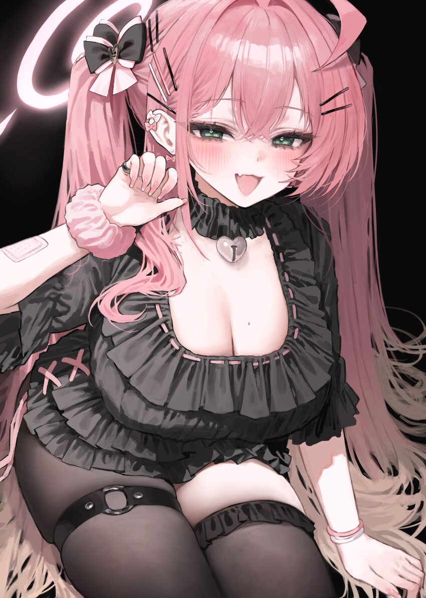 1girl absurdres ahoge alternate_hairstyle asymmetrical_legwear bandages bell blue_archive blush bow breasts choker earrings fang frilled_choker frilled_thighhighs frills green_eyes hair_bow hair_intakes hair_ornament hairclip halo hanako_(blue_archive) highres jewelry jirai_kei long_hair mochirong mole mole_on_breast neck_bell o-ring o-ring_thigh_strap open_mouth pantyhose pink_hair ribbon-trimmed_shirt ribbon_trim ring scrunchie shirt single_thighhigh skin_fang thigh_strap thighhighs tsurime wrist_scrunchie