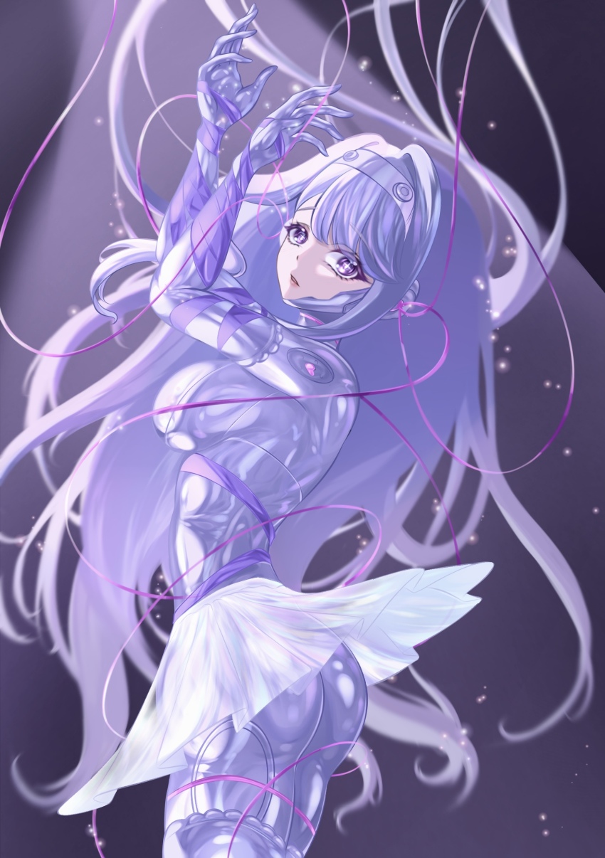 1girl absurdres bodysuit from_behind highres kiki_561 long_hair marija_(mechanical_ballerina)_(muse_dash) marija_(muse_dash) muse_dash pink_eyes purple_hair ribbon skirt solo white_bodysuit