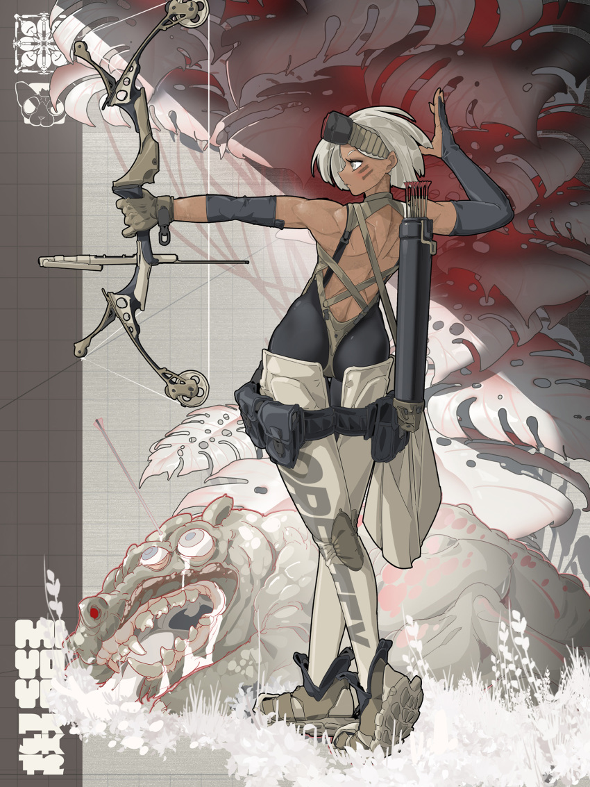 1girl arrow_(projectile) artist_logo artist_name ass back backless_outfit black_bow black_sleeves blue_eyes blush bodysuit bow bow_(weapon) brown_gloves brown_shoes commentary compound_bow crying crying_with_eyes_open dark-skinned_female dark_skin detached_pants detached_sleeves english_commentary expressionless facepaint firing from_behind full_body gloves goggles goggles_on_head grass grey_eyes grey_hair harness highres holding holding_bow_(weapon) holding_weapon leaf legs logo looking_to_the_side miyoyo monster muscular muscular_female original pouch quiver shoes short_hair standing tears thigh_pouch weapon wide_hips