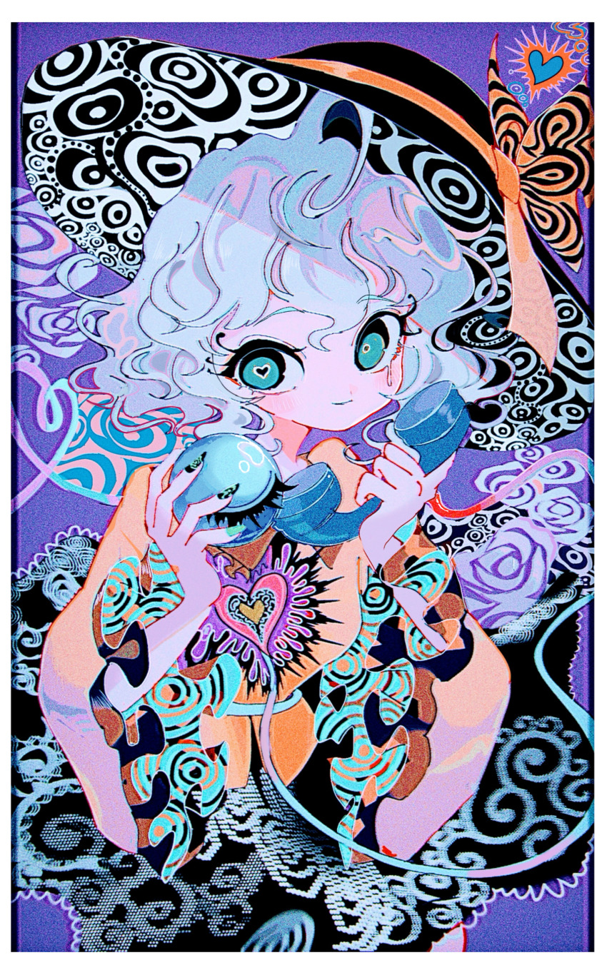 1girl absurdres blouse border bow comkdom commentary crying crying_with_eyes_open curly_hair eyelash_ornament film_grain flower frilled_sleeves frills green_eyes hands_up hat hat_bow heart heart-shaped_pupils heart_of_string highres holding holding_phone komeiji_koishi light_blush light_smile long_sleeves looking_at_viewer mismatched_pupils multicolored_bow multicolored_nails phone psychedelic purple_background rose shirt short_hair skirt solo symbol-shaped_pupils tears third_eye touhou white_border wide_sleeves yellow_shirt