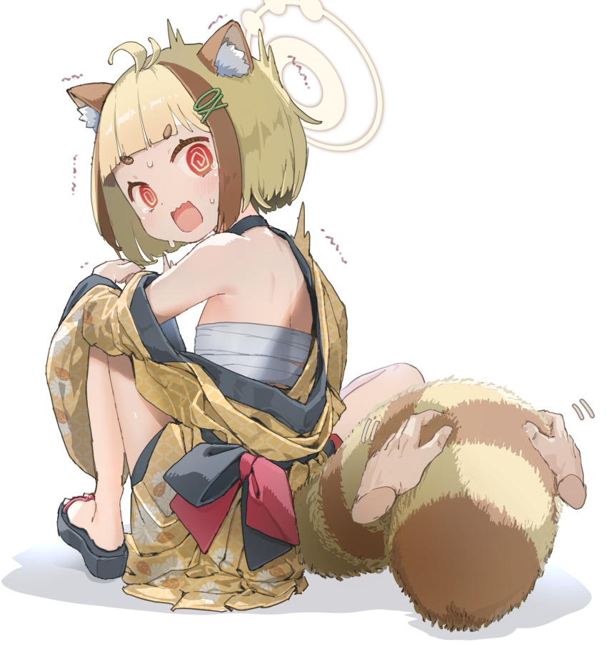 1girl 1other @_@ animal_ears arata_(blue_archive) blonde_hair blue_archive blush brown_hair chest_sarashi disembodied_hand hair_ornament hairclip halo highres hoshi_umi japanese_clothes kimono multicolored_hair open_mouth raccoon_ears raccoon_tail red_eyes sandals sarashi short_eyebrows short_hair simple_background tail white_background yellow_halo yellow_kimono zouri
