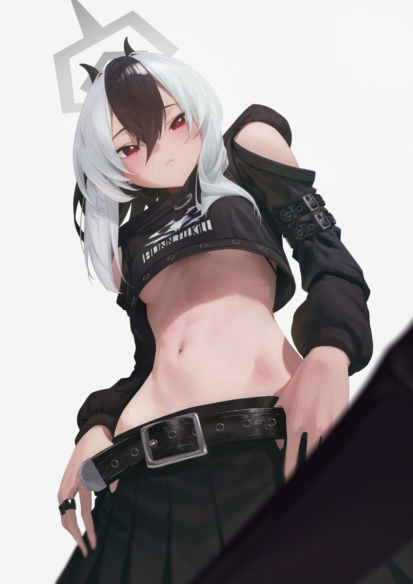 1girl absurdres black_hair black_shirt black_skirt blue_archive blush breasts closed_mouth clothing_cutout cropped_shirt demon_girl demon_horns from_below grey_halo hair_between_eyes halo highres horns jewelry kayoko_(blue_archive) long_hair looking_at_viewer medium_breasts multicolored_hair multiple_rings navel red_eyes rifu002 ring shirt shoulder_cutout sidelocks skirt solo stomach two-tone_hair underboob white_hair