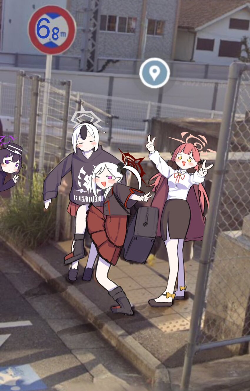 4girls aru_(blue_archive) blue_archive google_maps google_street_view halo haruka_(blue_archive) high_school_girls_posing_for_google_street_view_(meme) highres kayoko_(blue_archive) meme multiple_girls mutsuki_(blue_archive) photo_background problem_solver_68_(blue_archive) urode v