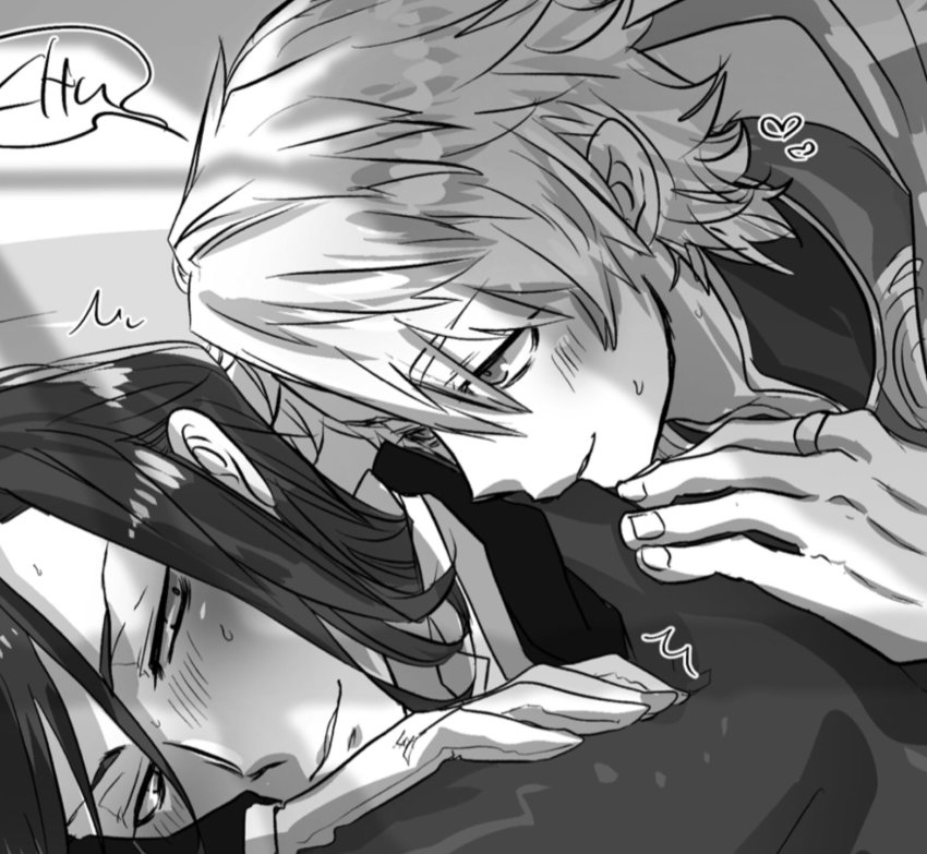2boys ahoge aladdin_(sinoalice) blush butler clothed_sex commission feathers formal_clothes hair_down hameln_(sinoalice) highres jewelry looking_at_another lying male_focus messy_hair monochrome multiple_boys parted_lips ring shiromantou short_hair sinoalice skeb_commission sketch smile speech_bubble suit sweat yaoi