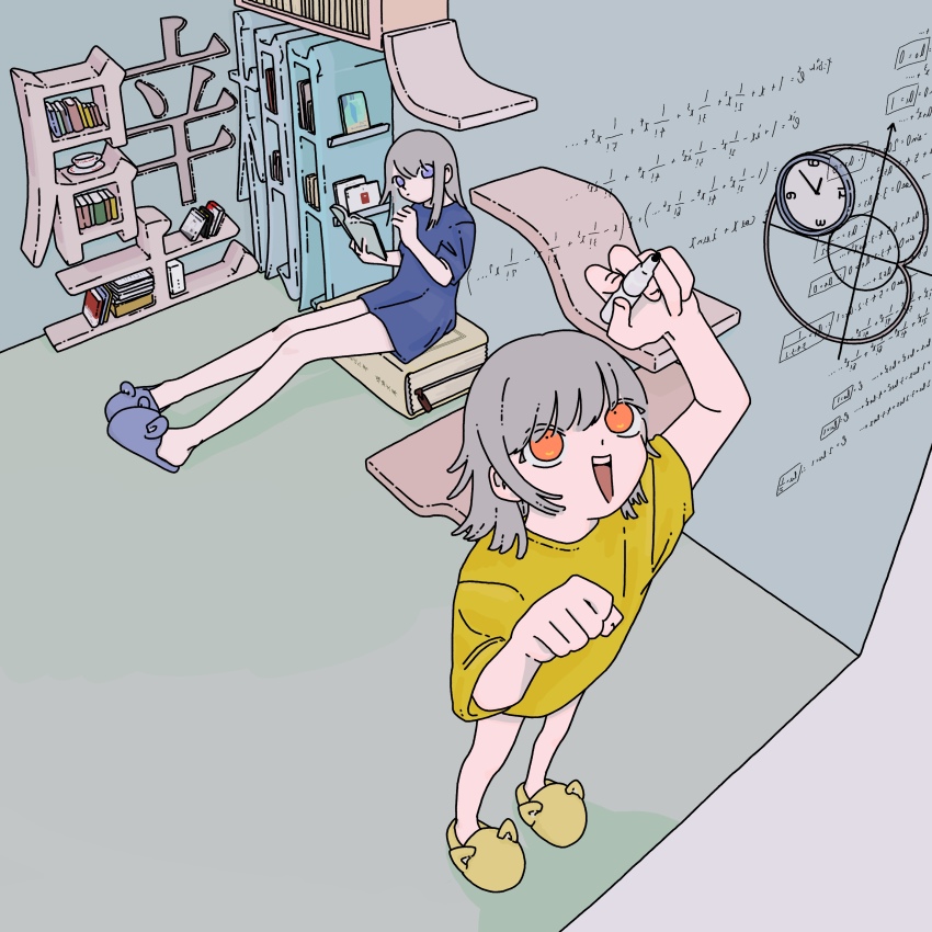 2girls absurdres bare_legs blue_shirt book bookshelf calculus clock cup equation grey_hair highres long_hair math medium_hair multiple_girls open_book open_mouth orange_eyes original plate purple_eyes shelf shirt short_sleeves shuujuu_misobata sitting slippers smile writing yellow_shirt