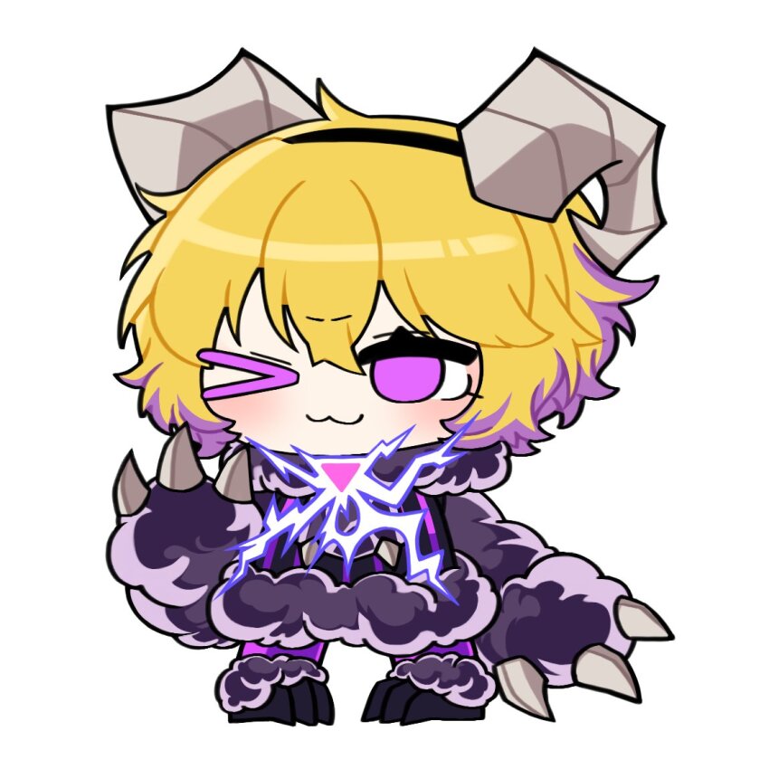 &gt;_o 1girl :3 blush claws don_quixote_(project_moon) dress e.g.o_(project_moon) electric_screaming_(e.g.o) electricity fur-trimmed_dress fur_jacket fur_trim horns jacket limbus_company matiyan923 one_eye_closed paw_sleeves project_moon purple_dress purple_jacket sheep_horns simple_background solo white_background wool