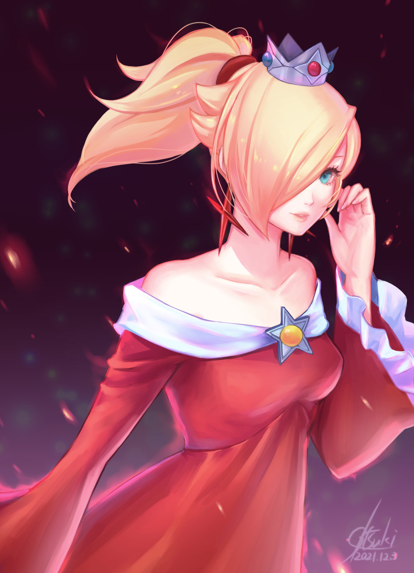 1girl 2021 absurdres bare_shoulders blonde_hair blue_eyes collarbone crown dated dress earrings fire_rosalina hair_over_one_eye highres jewelry long_hair long_sleeves looking_at_viewer mario_(series) nintendo off-shoulder_dress off_shoulder parted_lips ponytail red_dress rosalina signature smile solo standing super_mario_3d_world tsuki_(applebeniakari) wide_sleeves