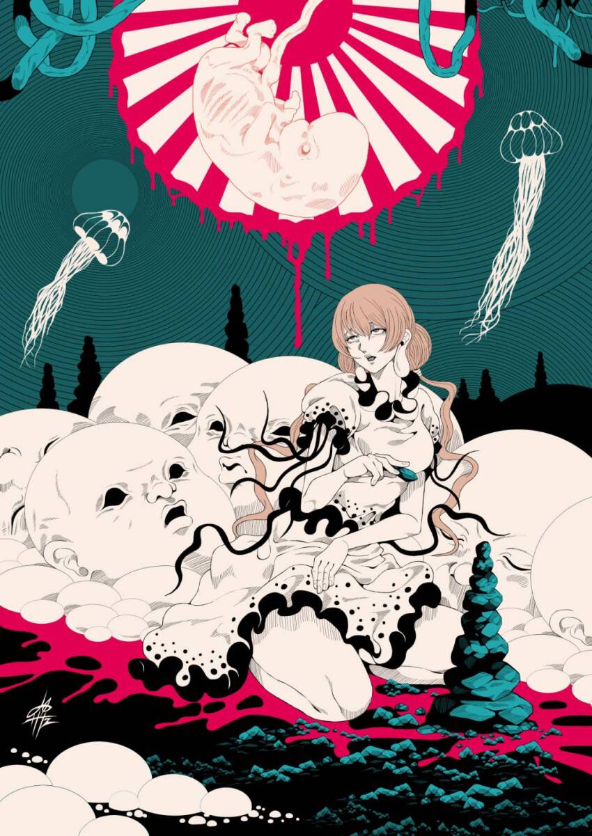 cairn_(structure) collar double-parted_bangs ebisu_eika fetus fine_art_parody frilled_collar frilled_shirt frills hair_between_eyes highres in-universe_location jellyfish limited_palette long_earlobes low_twintails nihonga open_mouth parody puffy_short_sleeves puffy_sleeves rock rock_balancing sanzu_river shirt short_sleeves signature sitting stack stacking sunburst touhou twintails umbilical_cord wariza white_shirt wily_beast_and_weakest_creature yamada_satoshi