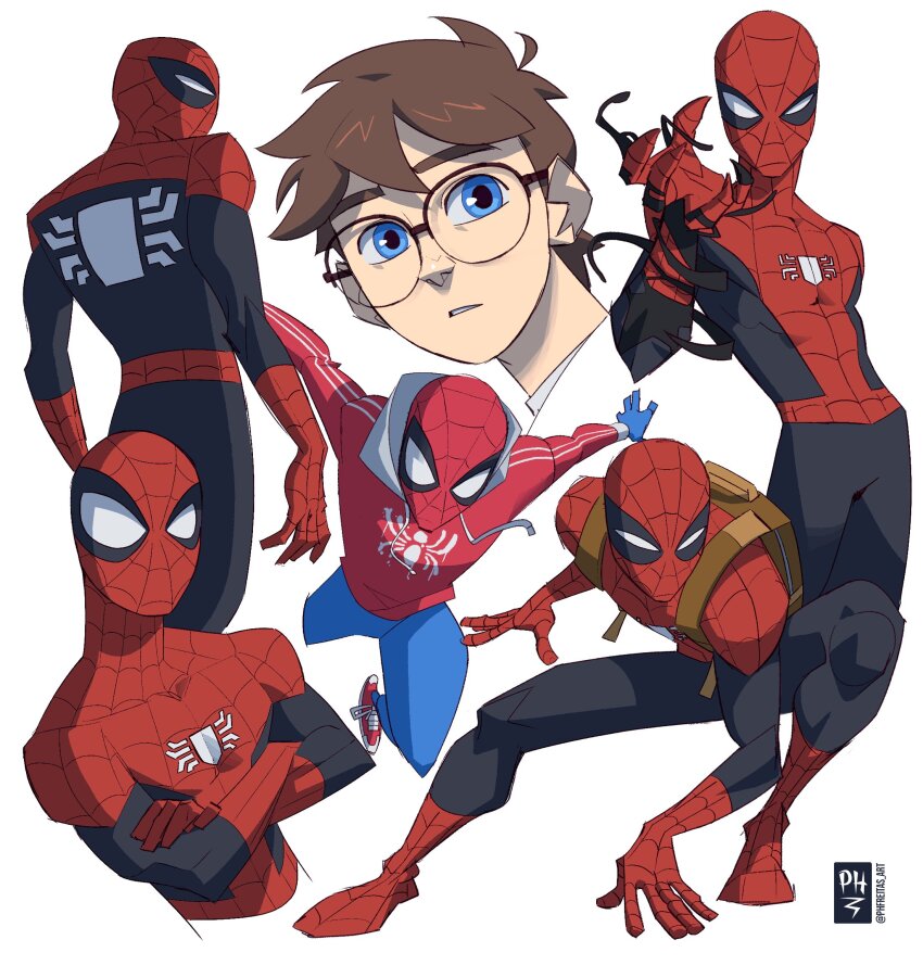 1boy animification blue_eyes bodysuit brown_hair full_body highres hood hooded_bodysuit insignia looking_at_viewer male_focus marvel onesie peter_parker phfreitas_art skin_tight spider-man spider-man_(series) spider_web_print superhero_costume symbiote two-tone_bodysuit