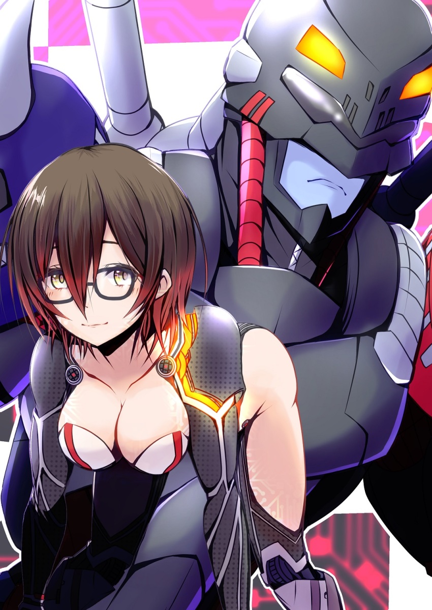 1boy 1girl breasts digimon digimon_(creature) glasses hiandromon highres looking_at_viewer medium_breasts serious smile