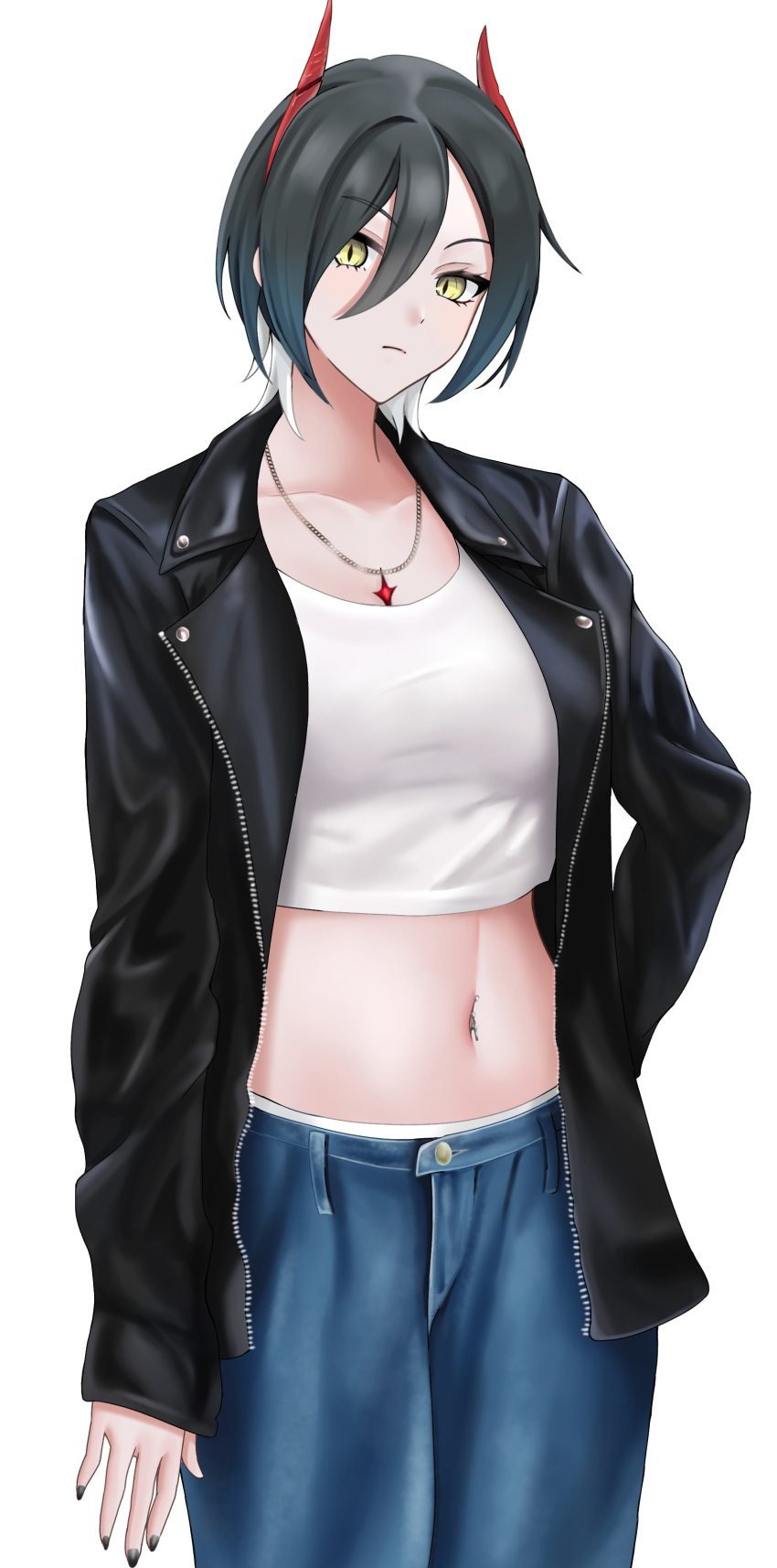1girl absurdres alternate_costume azur_lane banba_(jakqbigone) black_hair black_jacket black_nails blue_pants cowboy_shot crop_top hair_between_eyes highres horns jacket long_sleeves looking_at_viewer midriff nail_polish navel navel_piercing open_clothes open_jacket pants piercing shirt short_hair simple_background solo standing stomach ulrich_von_hutten_(azur_lane) white_background white_shirt yellow_eyes