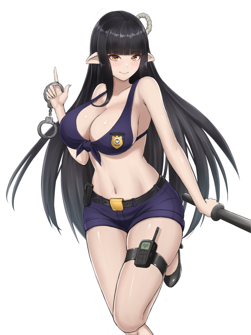 1girl bare_arms bare_shoulders baton_(weapon) black_footwear black_hair blue_shorts blush breasts cleavage closed_mouth cuffs handcuffs high_heels highres hinoa large_breasts long_hair looking_at_viewer monster_hunter_(series) navel pointy_ears police police_uniform policewoman short_shorts shorts simple_background smile solo thigh_strap thighs vik_(xypt7474) walkie-talkie weapon white_background yellow_eyes