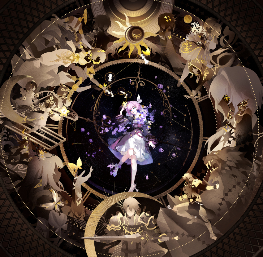 1girl absurdres aglaea_(honkai:_star_rail) anaxa_(honkai:_star_rail) black_background black_coat blue_eyes castorice_(honkai:_star_rail) cerydra_(honkai:_star_rail) chinese_commentary chrysos_heirs_(honkai:_star_rail) cipher_(honkai:_star_rail) coat commentary_request constellation cyrene_(honkai:_star_rail) dress hair_ornament highres honkai:_star_rail honkai_(series) hyacine_(honkai:_star_rail) hysilens_(honkai:_star_rail) mydei_(honkai:_star_rail) parted_lips phainon_(honkai:_star_rail) pink_hair second-party_source solo statue trianne_(honkai:_star_rail) tribbie_(honkai:_star_rail) trinnon_(honkai:_star_rail) watermark weibo_watermark white_dress xiniu_kuangben_bawanli