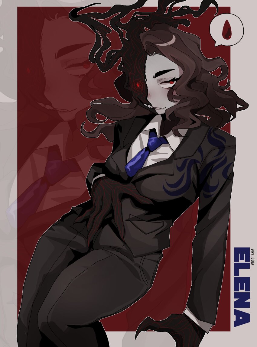 1girl absurdres black_jacket black_pants black_smoke black_suit blue_necktie brown_hair character_name collared_shirt distortion_(project_moon) elena_(project_moon) formal_clothes highres jacket lapels library_of_ruina long_hair looking_at_viewer necktie notched_lapels ny_000a pants parted_lips project_moon red_background red_eyes shirt solo suit wavy_hair white_shirt zoom_layer