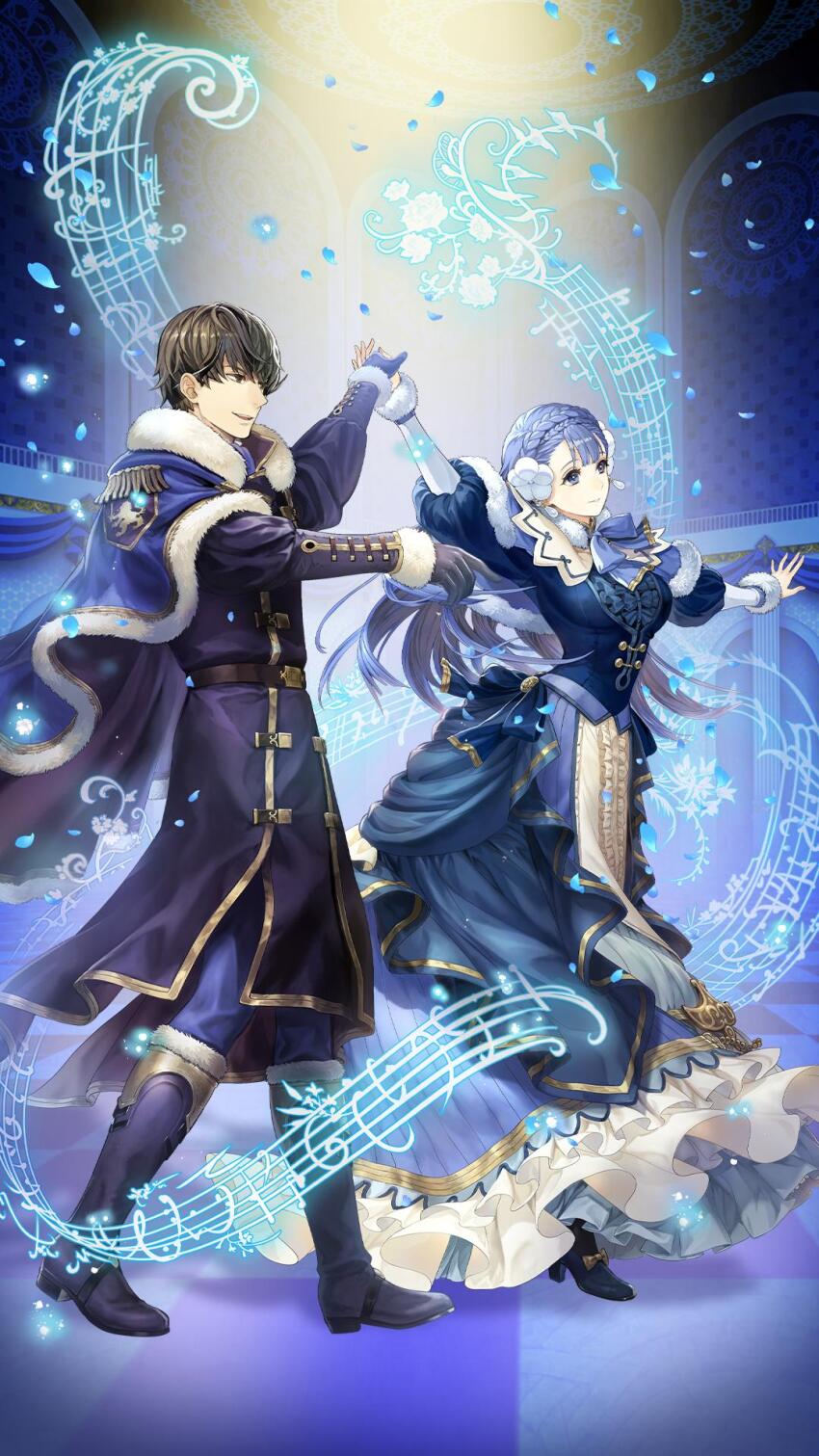 1boy 1girl asatani_tomoyo berkut_(fire_emblem) berkut_(soiree)_(fire_emblem) blue_eyes blue_hair boots cape commentary dancing dress earrings fire_emblem fire_emblem_echoes:_shadows_of_valentia fire_emblem_heroes full_body fur-trimmed_boots fur-trimmed_cape fur-trimmed_sleeves fur_trim gloves highres jewelry knee_boots long_hair nintendo official_art official_wallpaper rinea_(fire_emblem) rinea_(soiree)_(fire_emblem) short_hair