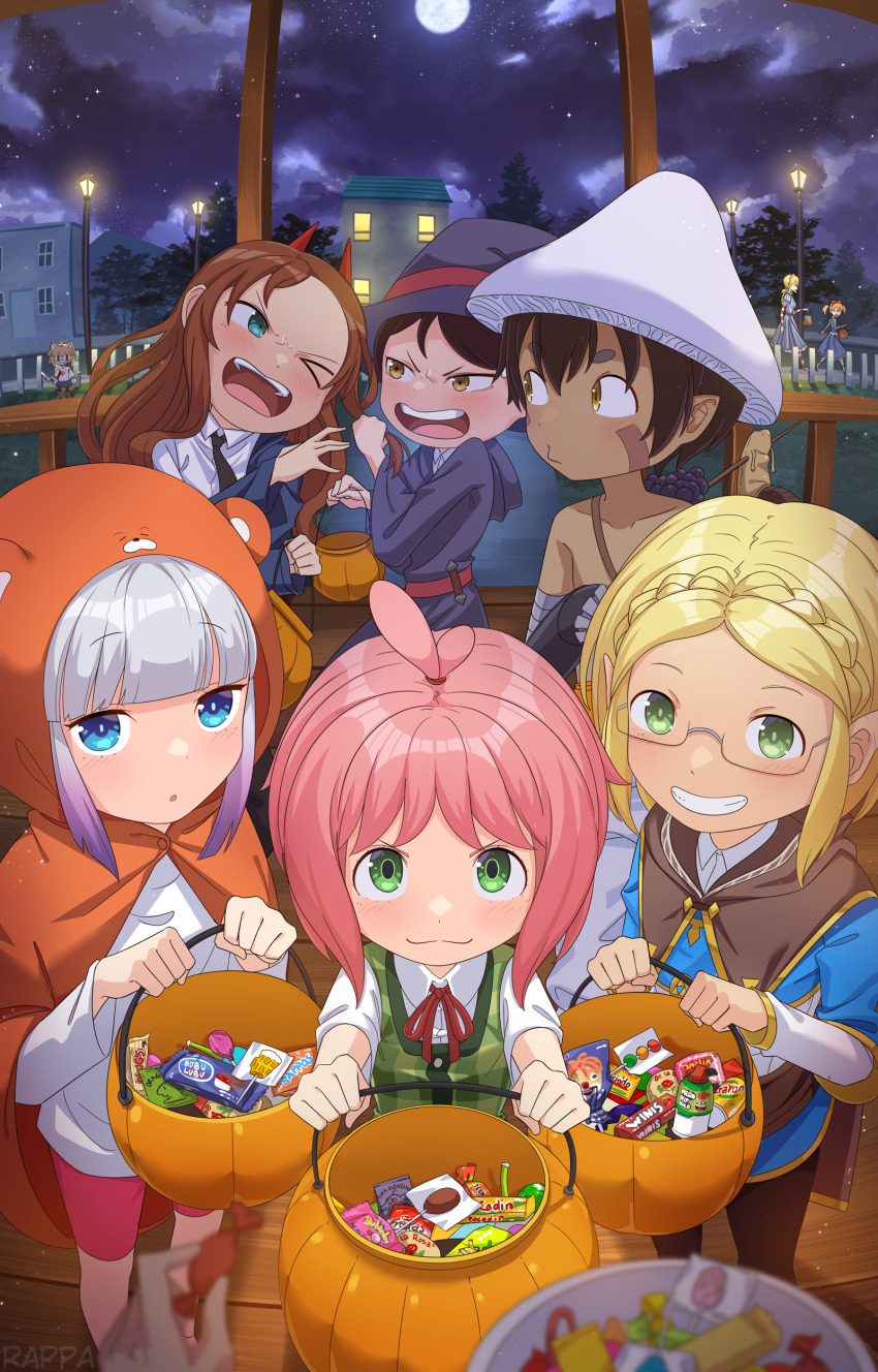 1boy 6+girls absurdres anya_(spy_x_family) becky_blackbell candy chainsaw_man cosplay crossover doma_umaru_(cosplay) food halloween highres himouto!_umaru-chan holding holding_knife kanna_kamui knife kobayashi-san_chi_no_maidragon komaru_(himouto!_umaru-chan) komaru_(himouto!_umaru-chan)_(cosplay) little_witch_academia luna_nova_school_uniform made_in_abyss moon multiple_girls mushroom_hat neco-arc night nintendo power_(chainsaw_man) power_(chainsaw_man)_(cosplay) princess_zelda princess_zelda_(cosplay) rappa_(sirrappa) reg_(made_in_abyss) riko_(made_in_abyss) saikawa_riko school_uniform spy_x_family the_legend_of_zelda tsukihime
