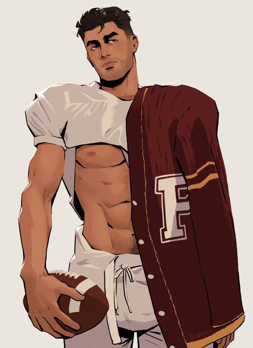 1boy abs alternate_universe american_football american_football_(object) arcane:_league_of_legends arcane_jayce ball brown_eyes brown_hair closed_mouth clothes_lift commentary english_commentary grey_background highres jacket jacket_partially_removed jayce_(league_of_legends) league_of_legends letterman_jacket looking_to_the_side male_focus nipples nj_(diar0za) pants pectorals red_jacket shirt shirt_lift short_hair sideways_glance simple_background solo standing thick_eyebrows white_pants white_shirt