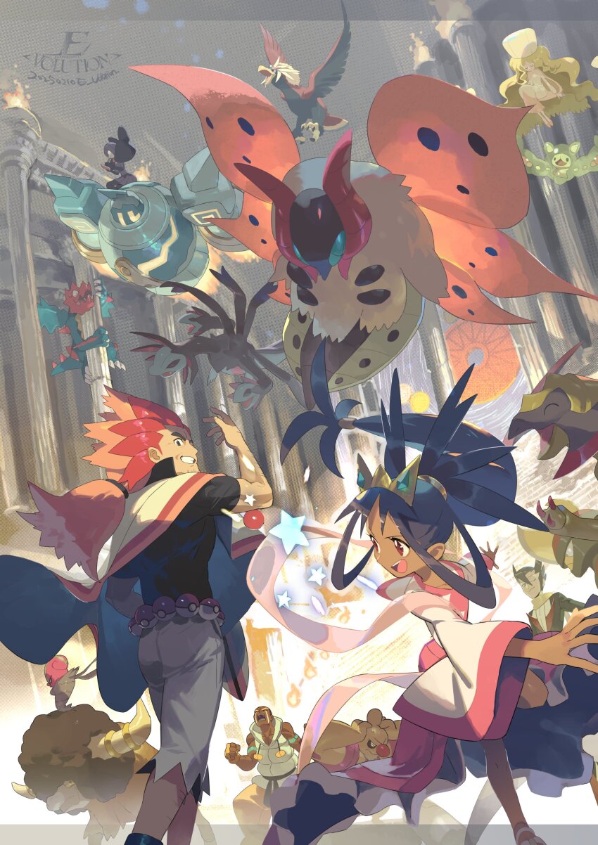 2025 3girls 4boys absurdres accelgor alder_(pokemon) bird bisharp black_shirt blonde_hair bouffalant braviary bug caitlin_(pokemon) conkeldurr dated dragon dress druddigon e_volution gen_5_pokemon golurk grimsley_(pokemon) haxorus highres hydreigon iris_(pokemon) long_hair marshal_(pokemon) midair multiple_boys multiple_girls multiple_heads nintendo poke_ball pokemon pokemon_(creature) pokemon_bw2 reuniclus shauntal_(pokemon) shirt trait_connection very_long_hair white_dress