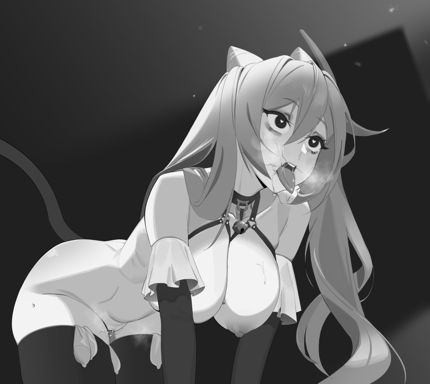 1girl all_fours ass bare_shoulders braid breasts cleavage collar condom cone_hair_bun crawling double_bun fake_tail genshin_impact greyscale hair_bun hair_ears heart heart-shaped_pupils highres implied_anal keqing_(genshin_impact) large_breasts long_hair monochrome nipples open_mouth pixxel purple_hair pussy pussy_juice solo swept_bangs symbol-shaped_pupils tail thighhighs twintails used_condom