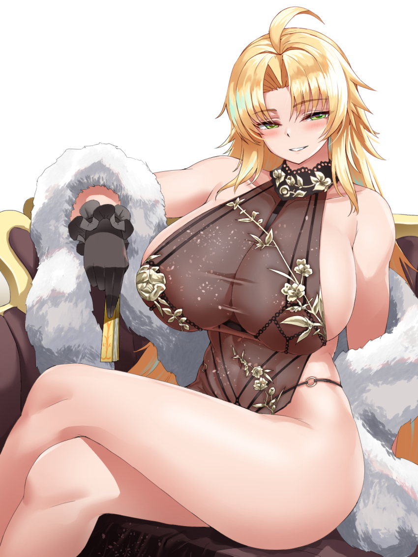 1girl ahoge barbariana_(last_origin) bare_shoulders black_dress black_gloves blonde_hair blush breasts cho!cho! cleavage commentary_request couch covered_navel crossed_legs dress folded_fan folding_fan gloves green_eyes hair_ornament hand_fan highres holding holding_fan huge_breasts last_origin long_hair looking_at_viewer navel on_couch parted_bangs see-through_clothes see-through_cleavage shawl simple_background sitting smile solo very_long_hair white_background