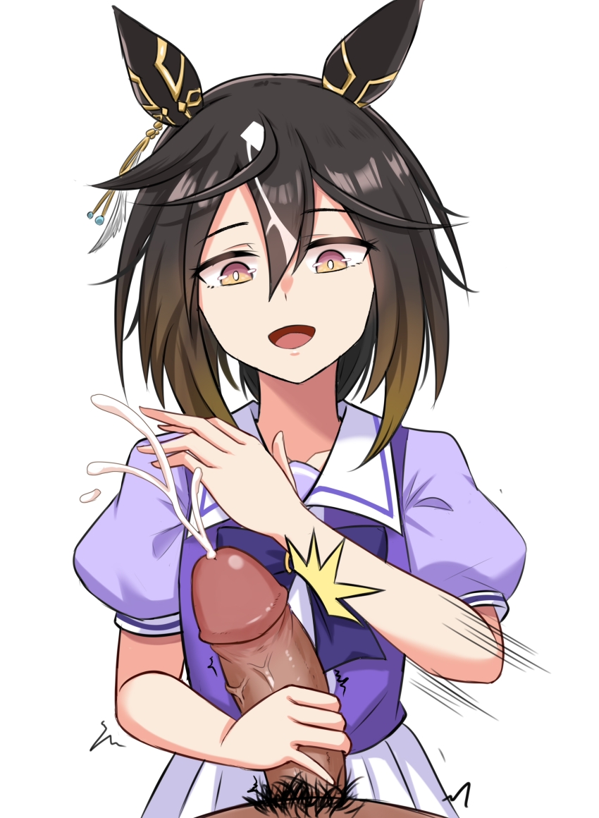 1boy 1girl absurdres animal_ears black_hair black_pubic_hair bow bowtie brown_hair cowboy_shot cum ear_covers ejaculation gradient_hair hetero highres horse_ears horse_girl male_pubic_hair medium_hair multicolored_hair open_mouth penis pleated_skirt pov pubic_hair puffy_short_sleeves puffy_sleeves purple_bow purple_bowtie purple_shirt school_uniform shirt short_sleeves simple_background skirt slapping_penis smile solo_focus stay_gold_(umamusume) summer_uniform tracen_school_uniform umamusume uncensored white_background white_skirt wuwusan