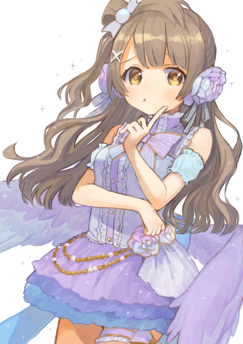 1girl :t bare_shoulders blue_sleeves blush breasts brown_eyes brown_hair center_frills closed_mouth commentary_request detached_sleeves feathered_wings flower frills hair_flower hair_ornament hand_up highres karamomo long_hair looking_at_viewer love_live! love_live!_school_idol_project low_wings minami_kotori one_side_up pout puffy_short_sleeves puffy_sleeves purple_skirt purple_wings rose shirt short_sleeves simple_background skirt sleeveless sleeveless_shirt small_breasts solo sparkle very_long_hair white_background white_shirt wings x_hair_ornament