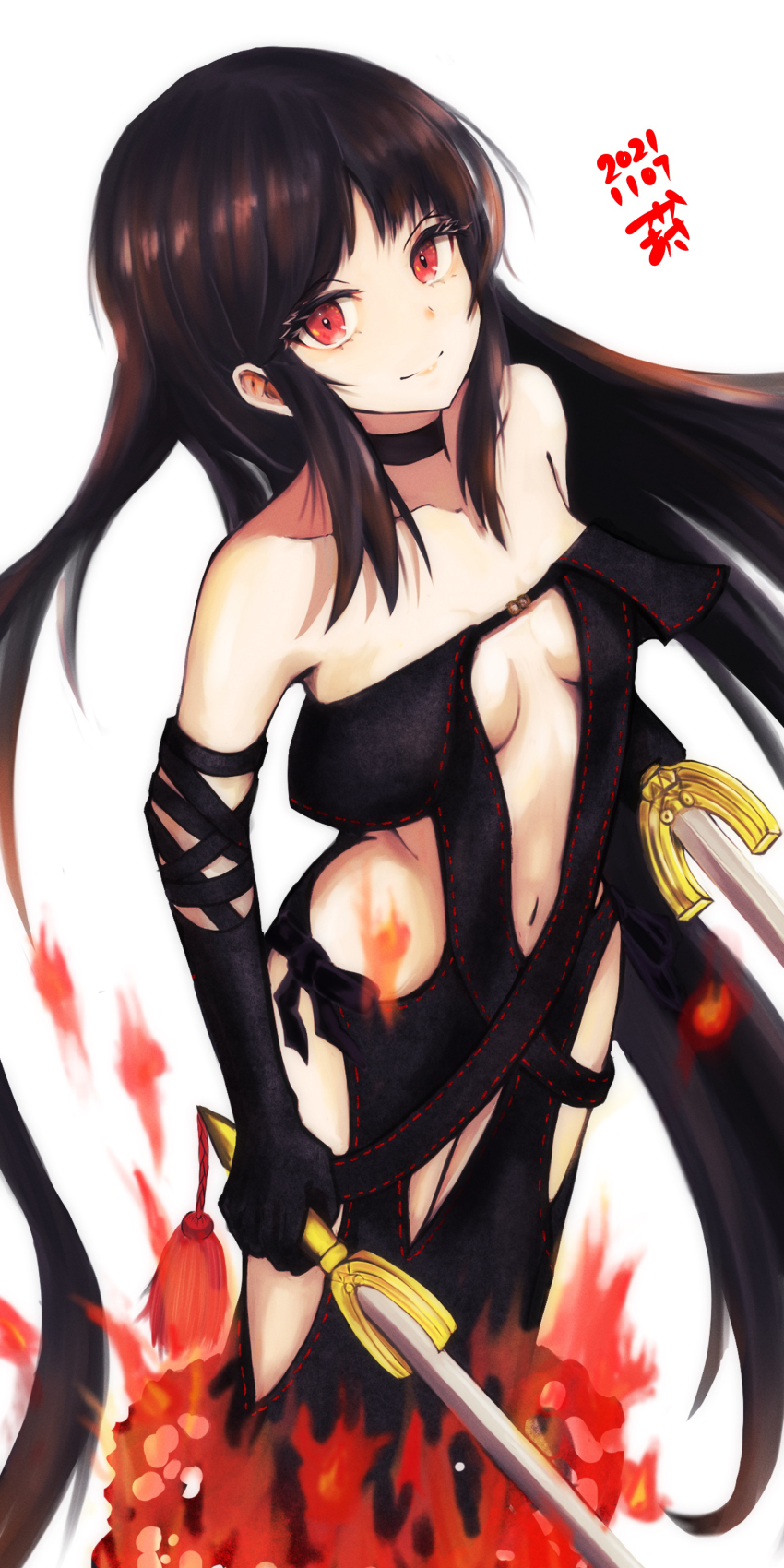 1girl absurdres bare_shoulders black_choker black_dress black_gloves black_hair breasts choker closed_mouth collarbone dated dress dual_wielding elbow_gloves fate/grand_order fate_(series) fire gloves highres holding holding_sword holding_weapon long_hair looking_at_viewer navel red_eyes sidelocks simple_background smile solo strapless strapless_dress sword tsukaasa very_long_hair weapon white_background yu_mei-ren_(fate) yu_mei-ren_(second_ascension)_(fate)