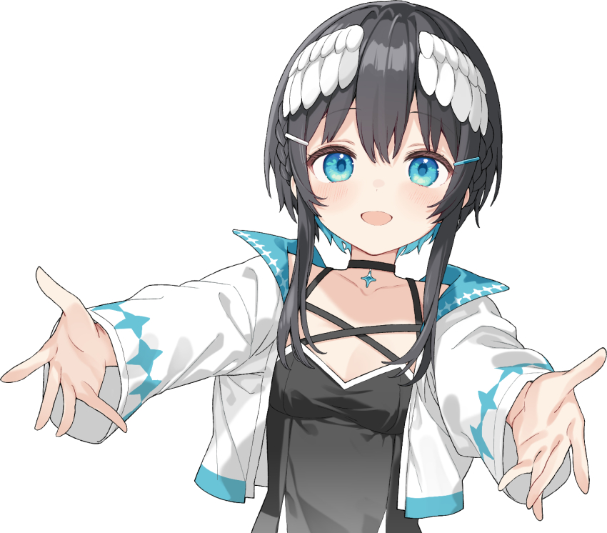 1girl black_choker black_dress black_hair blue_eyes blue_hair breasts choker cleavage collarbone commentary_request cropped_jacket dress hair_ornament hairclip head_wings highres indie_virtual_youtuber jacket kurata_rine kurata_rine_(vtuber) long_sleeves medium_breasts multicolored_hair open_clothes open_jacket simple_background sleeveless sleeveless_dress solo two-tone_hair upper_body virtual_youtuber white_background white_jacket white_wings wings