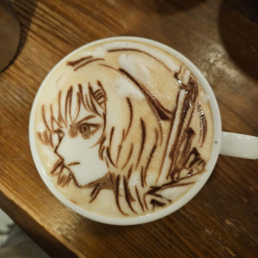 1girl cappuccino coffee coffee_mug commentary cup english_commentary food_art_(medium) george_(yamamoto_kazuki) gun hair_ornament hairclip handgun highres holding holding_gun holding_weapon latte_art latte_art_(medium) makarov_pm marie_(peripeteia) medium_hair mug peripeteia portrait pygmy_kun serious solo unconventional_media weapon