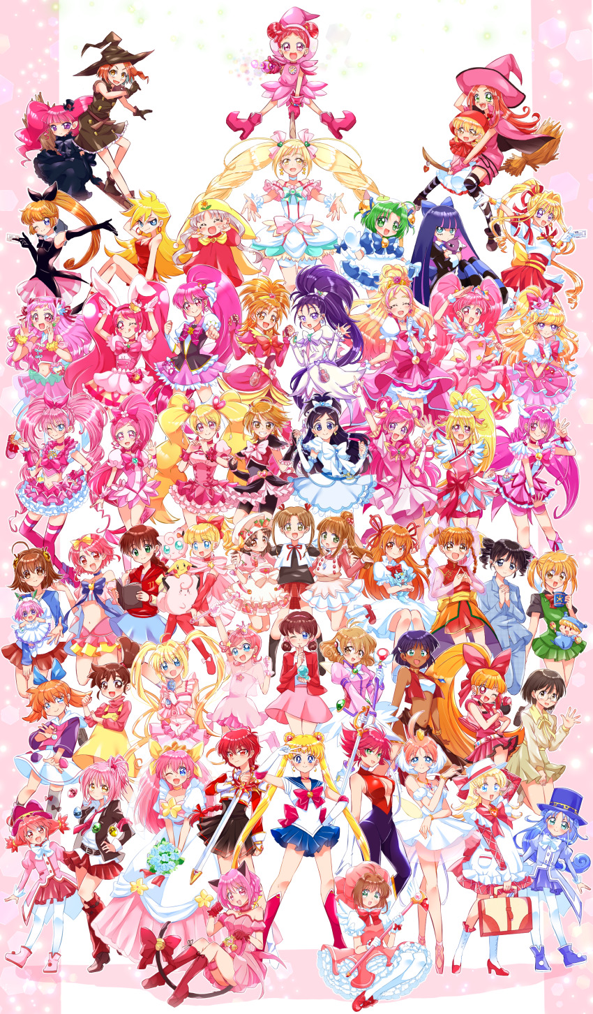 6+girls absolutely_everyone absurdres ahiru_(princess_tutu) ahoge ai_tenshi_densetsu_wedding_peach aida_mana akazukin_chacha akazutsumi_momoko animal_ears annotation_request asahina_mirai ashita_no_nadja back_bow bike_shorts bishoujo_senshi_sailor_moon bishoujo_senshi_sailor_moon_(first_season) black_dress black_gloves black_hair black_headwear black_shorts black_skirt blonde_hair blossom_(ppg) blue_bow blue_footwear blue_hair blue_headwear blue_sailor_collar blue_skirt bodysuit boots bouquet bow braid brooch broom broom_riding brown_hair cardcaptor_sakura cat_ears cat_tail chacha_(akazukin_chacha) character_request chicchana_yukitsukai_sugar chocolat_meilleure choker clefairy commentary_request cone_hair_bun corrector_yui crossover cure_black cure_bloom cure_blossom cure_dream cure_echo cure_egret cure_flora cure_happy cure_heart cure_miracle cure_peach cure_star cure_whip cure_white cure_yell curly_hair cutie_honey cutie_honey_(character) dark-skinned_female dark_skin dejiko di_gi_charat dokidoki!_precure double_bun dr._rin_ni_kiite_mite! dress earrings elbow_gloves everyone extra_ears fine_(futagohime) flipped_hair flower fresh_precure! fushigi_no_umi_no_nadia fushigiboshi_no_futago_hime futari_wa_precure futari_wa_precure_splash_star gakkou_no_kaidan_(anime) gen_1_pokemon gloves go!_princess_precure green_hair green_skirt hair_bow hair_bun hair_ornament hairpin hanasaki_momoko hanasaki_tsubomi hand_on_own_hip haneoka_meimi harukaze_doremi haruno_haruka hat hazel_(pokemon) heart heart_brooch heart_hair_ornament heartcatch_precure! high_ponytail highres himitsu_no_akko-chan hinamori_amu holding holding_bouquet holding_hands holding_staff holding_sword holding_weapon honekoneko_(psg) hoshina_hikaru hoshizora_miyuki houjou_hibiki hugtto!_precure hyper_blossom hyuuga_saki jewelry jigglypuff kagami_atsuko kaitou_jeanne kaitou_saint_tail kamikaze_kaitou_jeanne kanzaki_meirin kasuga_yui kinomoto_sakura kinomoto_sakura_(magician) kirakira_precure_a_la_mode kisaragi_honey knee_boots kusakabe_maron legs_apart long_hair magic_knight_rayearth magical_girl magical_pokemon_journey mahou_girls_precure! mermaid_melody_pichi_pichi_pitch mew_ichigo mini_hat mini_top_hat mini_witch_hat mishou_mai misumi_nagisa momomiya_ichigo momozono_love multicolored_hair multiple_crossover multiple_girls nadia_la_arwall nadja_applefield nanami_lucia necktie nintendo nono_hana ojamajo_doremi orange_hair panty_&amp;_stocking_with_garterbelt panty_(psg) pantyhose parted_bangs pikachu pink_boots pink_bow pink_hair pink_headwear pink_legwear pink_shorts pleated_skirt pokemon pokemon_(creature) pom_pom_(clothes) pom_pom_earrings ponytail powerpuff_girls powerpuff_girls_z precure precure_all_stars precure_all_stars_new_stage:_mirai_no_tomodachi princess_silver princess_tutu princess_tutu_(character) purple_hair rabbit_ears rapier red_bow red_dress red_footwear red_hair red_neckwear red_skirt rein_(futagohime) reverse_grip saga_bergman sailor_collar sailor_moon sailor_senshi_uniform saint_tail sakagami_ayumi shidou_hikaru shoes short_hair shorts shorts_under_skirt shugo_chara! skirt smile_precure! staff star_twinkle_precure stocking_(psg) striped_legwear sugar_(chicchana_yukitsukai_sugar) sugar_sugar_rune suite_precure sword tail thighhighs tokyo_mew_mew top_hat tsukino_usagi twintails two-tone_hair usami_ichika waist_bow weapon wedding_dress white_bow white_gloves white_headwear white_legwear witch_hat yellow_bow yes!_precure_5 yes!_precure_5_gogo! yoshino_(gunform) yukishiro_honoka yume_no_crayon_oukoku yumehara_nozomi