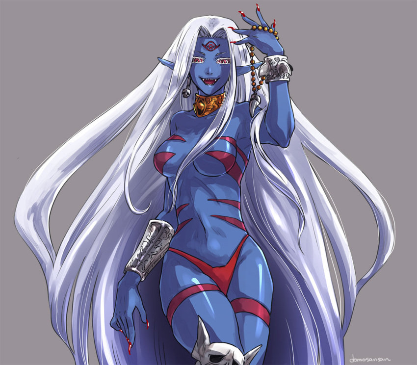 1girl :d blue_skin bracelet breasts colored_sclera colored_skin curtained_hair earrings facial_mark fingernails forehead_mark grey_background groin hand_up hecate_(megami_tensei) jewelry kyuuyaku_megami_tensei long_fingernails long_hair long_pointy_ears medium_breasts megami_tensei midriff nail_polish navel neck_ring open_mouth panties pointy_ears red_eyes red_nails red_panties red_sclera sharp_fingernails sharp_teeth shinabita_nasubi simple_background single_bracer single_earring skull skull_earrings smile solo teeth thigh_strap underwear very_long_hair white_hair