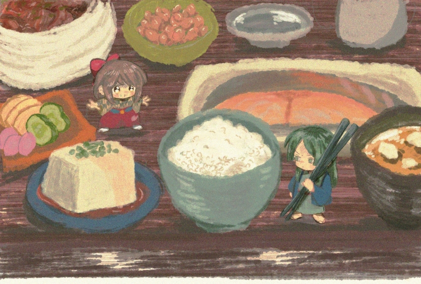 1boy 1girl :t alcohol ayazuki_mei black_footwear blue_jacket blue_sleeves blush bottle bow bowl brown_hair checkered_clothes checkered_kimono checkered_sleeves chewing chibi chopsticks closed_mouth commentary_request crumbs cup eating food food_request full_body furrowed_brow green_eyes green_hair grey_kimono grey_sleeves hair_bow hakama haori heart heart_print highres hishida_shunsou holding holding_chopsticks jacket japanese_clothes kimono long_hair long_sleeves looking_at_another medium_hair meiji_tokyo_renka mini_person miniboy minigirl miso_soup oversized_food oversized_object plate red_bow red_hakama rice sakazuki sake sake_bottle sandals short_kimono socks sugi_haeru table tofu two-tone_kimono two-tone_sleeves v-shaped_eyebrows white_eyes white_kimono white_sleeves white_socks wide_sleeves zouri