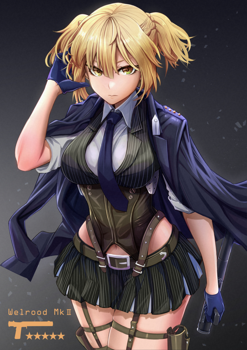 1girl belt blonde_hair blue_gloves blue_jacket blue_necktie bolt_action braid breasts brown_belt collared_shirt corset french_braid girls&#039;_frontline gloves green_eyes gun half_gloves handgun highres holding holding_gun holding_weapon holster ichi_illust001 integral_suppressor integrally-suppressed_firearm jacket jacket_on_shoulders medium_breasts miniskirt necktie pinstripe_pattern pinstripe_skirt pinstripe_vest pleated_skirt shirt short_hair skirt sleeves_rolled_up solo striped_clothes striped_skirt striped_vest suppressor thigh_holster twintails vertical-striped_clothes vertical-striped_skirt vertical-striped_vest vest weapon welrod welrod_mk_ii welrod_mkii_(girls&#039;_frontline) white_shirt