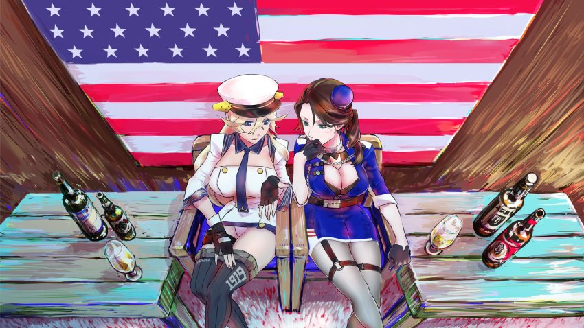 2girls american_flag azur_lane bad_id bad_pixiv_id beer_bottle belt bikini bikini_top_only black_belt black_bikini black_gloves black_legwear blonde_hair blue_dress blue_eyes blue_neckwear bottle bra breasts brown_hair buttons chain cleavage closed_mouth clothes_writing collarbone commentary_request crossed_legs detached_collar detached_sleeves double-breasted dress emblem expressionless facial_scar fingerless_gloves from_above gloves gorget green_eyes grey_legwear hair_between_eyes hair_over_shoulder half-closed_eyes half_gloves hand_to_own_mouth hand_up hat highres large_breasts long_hair long_sleeves loose_belt medium_breasts microdress military military_hat military_uniform multiple_girls necktie o-ring open_clothes open_dress open_mouth pale_skin panties pantyhose pantyshot parted_bangs peaked_cap pennsylvania_(azur_lane) pouch scar scar_on_cheek scar_on_face short_dress side_ponytail sitting sleeve_cuffs sleeves_rolled_up swimsuit table tennessee_(azur_lane) thigh_pouch thigh_strap thighhighs underwear wavy_hair white_dress white_hat white_panties wine_bottle wing_collar wooden_chair wooden_table