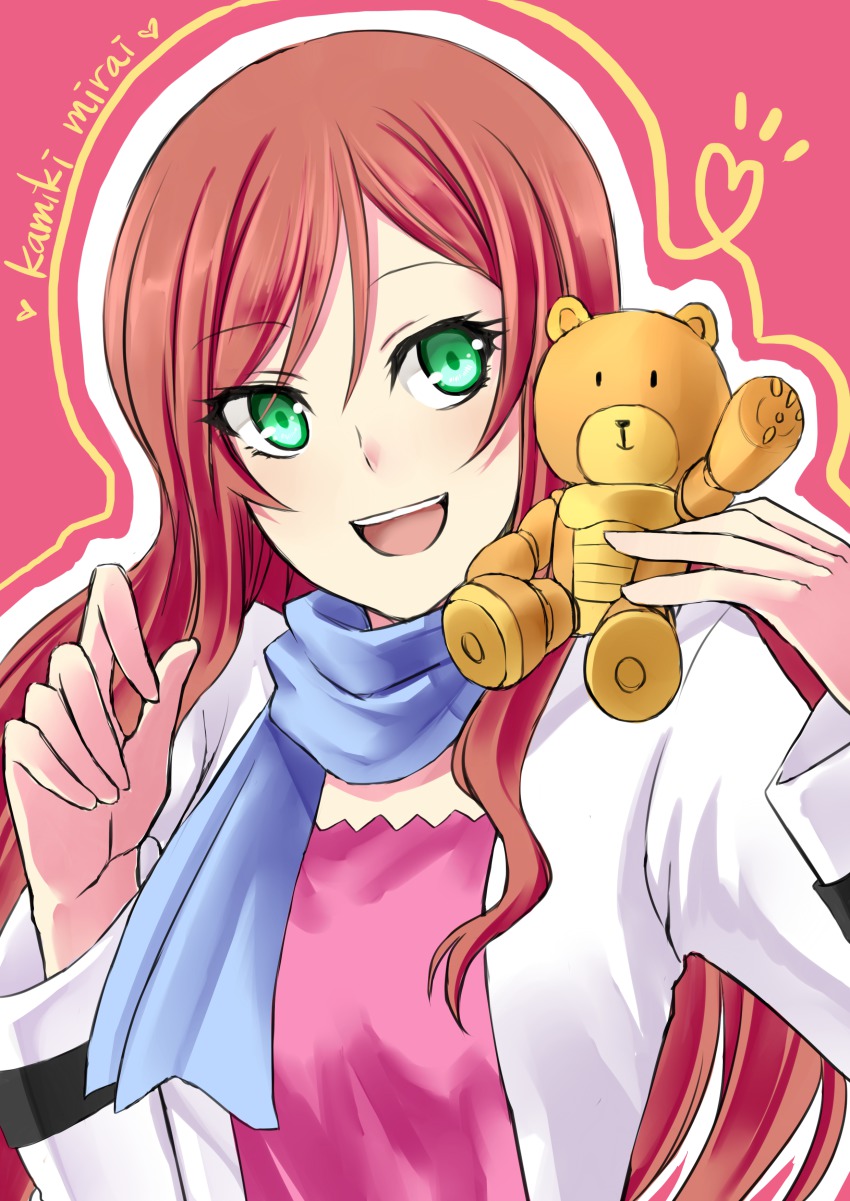 10s 1girl absurdres bear brown_hair character_name female_focus green_eyes gundam gundam_build_fighters gundam_build_fighters_try highres kaikai kamiki_mirai open_mouth outline pink_background scarf smile solo toy upper_body