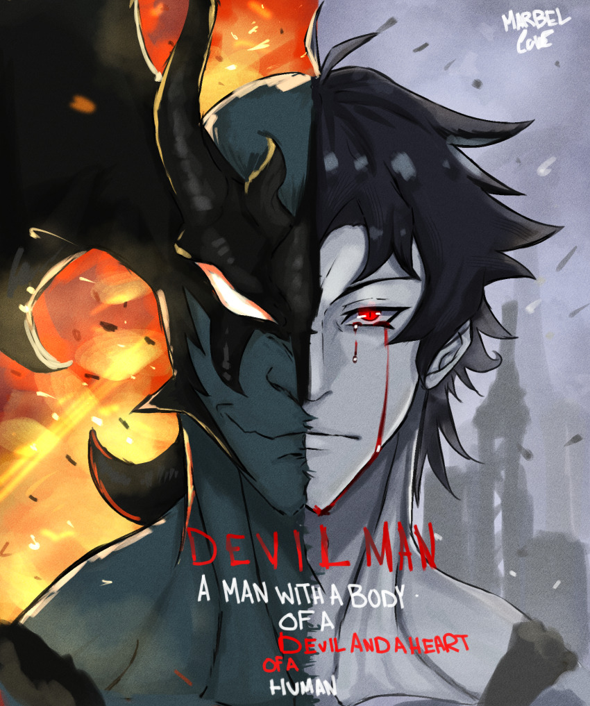 1boy artist_name black_hair blue_skin colored_skin demon demon_horns destroyed_city devilman devilman_(character) devilman_crybaby fire fudou_akira head_wings highres horns red_eyes split_theme text_background wings