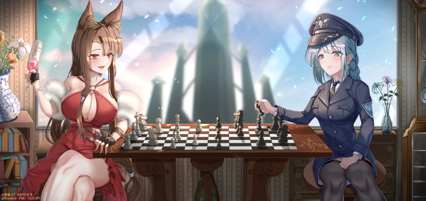 absurdres akagi_(azur_lane) akagi_(ruby-laced_beauty)_(azur_lane) animal_ears artist_name azur_lane bare_shoulders black_gloves black_necktie blue_hat blue_jacket blue_skirt board_game braid breasts brown_hair center_opening champagne_flute chess chess_piece cleavage cocktail_dress crossed_legs cup dress drinking_glass evening_gown feather_boa female_commander_(azur_lane) fingerless_gloves flower fox_ears fox_girl frost2042 gloves hat highres holding holding_chess_piece indoors jacket kitsune large_breasts long_sleeves looking_at_viewer necktie o-ring_dress official_alternate_costume peaked_cap pencil_skirt red_dress red_eyes shirt sitting skirt vase white_flower white_hair white_shirt window yellow_eyes yellow_flower
