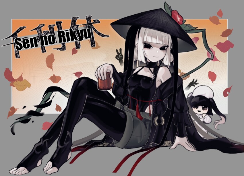 1girl black_eyes black_hat black_pantyhose breasts character_doll character_name closed_mouth colored_skin commentary cup english_commentary falling_leaves fate/grand_order fate_(series) grey_shorts hat highres holding holding_cup komahime_(exhibition_attire)_(fate) komahime_(fate) lappet leaf looking_at_viewer pantyhose rice_hat sen_no_rikyu_(exhibition_attire)_(fate) sen_no_rikyu_(fate) short_hair shorts sidelocks sitting small_breasts smile spade_geistalt stirrup_footwear tea toeless_legwear toes white_hair white_skin