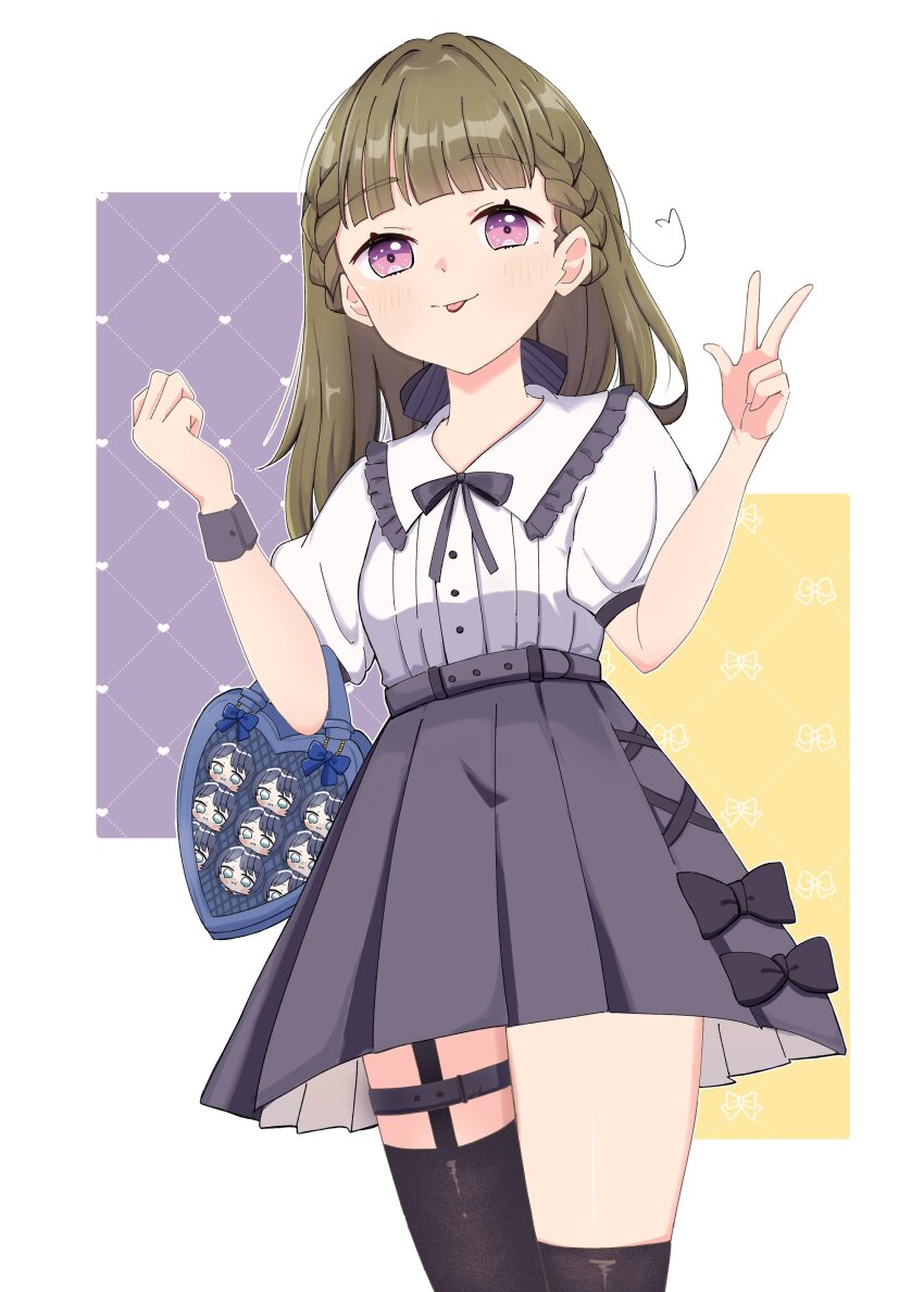 1girl :i :p absurdres asymmetrical_legwear badge belt black_ribbon black_thighhighs blue_eyes blue_hair blunt_bangs blurry blurry_background blush blush_stickers bow braid brown_hair button_badge center-flap_bangs clenched_hands closed_mouth collared_shirt commentary cowboy_shot elbow_carry frilled_shirt_collar frills grey_skirt hair_bow hashtag-only_commentary heart-shaped_bag highres itabag kachimachi_kosuzu kachimachi_kosuzu_(winter_casual) link!_like!_love_live! looking_at_viewer love_live! miniskirt murano_sayaka neck_ribbon official_alternate_costume pleated_skirt pout puffy_short_sleeves puffy_sleeves purple_background ribbon shirt short_sleeves side_braids skirt smile solo standing thigh_belt thigh_strap thighhighs tongue tongue_out uneven_legwear virtual_youtuber w white_shirt yellow_background yishi_0111