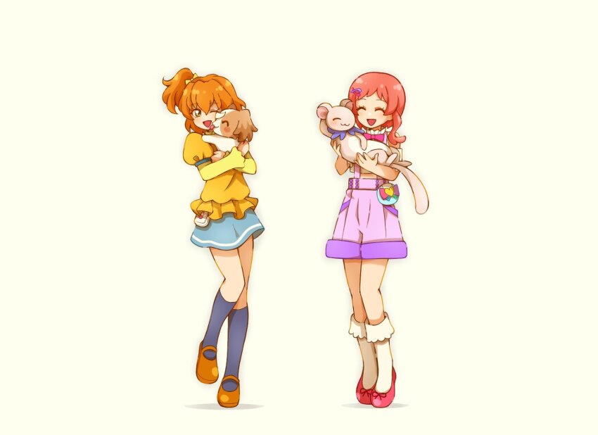 2girls :d animal baggy_shorts black_socks blue_skirt bow bowtie brown_eyes brown_shoes closed_eyes collared_shirt dog ferret fresh_precure! full_body highres holding holding_animal in-franchise_crossover inukai_iroha inukai_komugi inukai_komugi_(dog) kneehighs mary_janes multiple_girls one_eye_closed one_side_up open_mouth orange_hair pink_bow pink_bowtie precure puffy_short_sleeves puffy_sleeves purple_shorts red_shoes shirt shoes short_hair short_hair_with_long_locks short_sleeves shorts simple_background skirt smile socks standing suspender_shorts suspenders tart_(fresh_precure!) three-quarter_sleeves white_background white_shirt white_socks wonderful_precure! yamabuki_inori yellow_shirt yuu13
