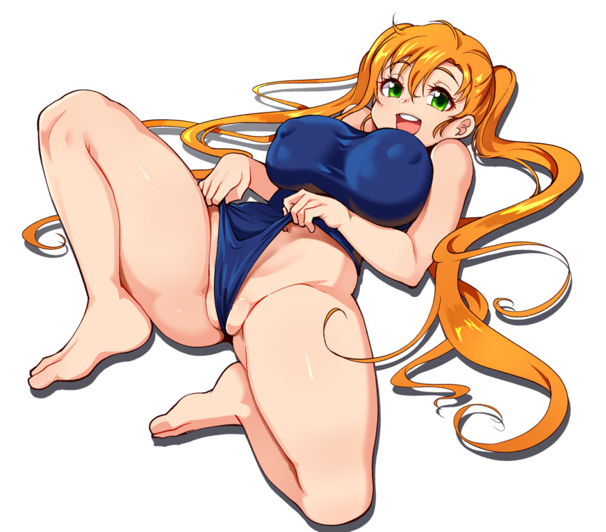 1girl :d ajidot barefoot blue_one-piece_swimsuit breasts cameltoe clothes_pull covered_erect_nipples full_body green_eyes highres large_breasts last_origin long_hair looking_at_viewer lying navel nereid_(last_origin) on_back one-piece_swimsuit open_mouth orange_hair pulling_own_clothes simple_background smile solo swimsuit twintails very_long_hair white_background